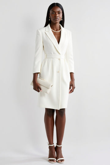 White Long Sleeves Notched Lapel Sheath Midi Work Dress with Belt